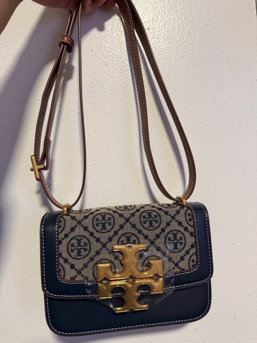 Inspired Navy and Beige Logo Canvas Crossbody Bag